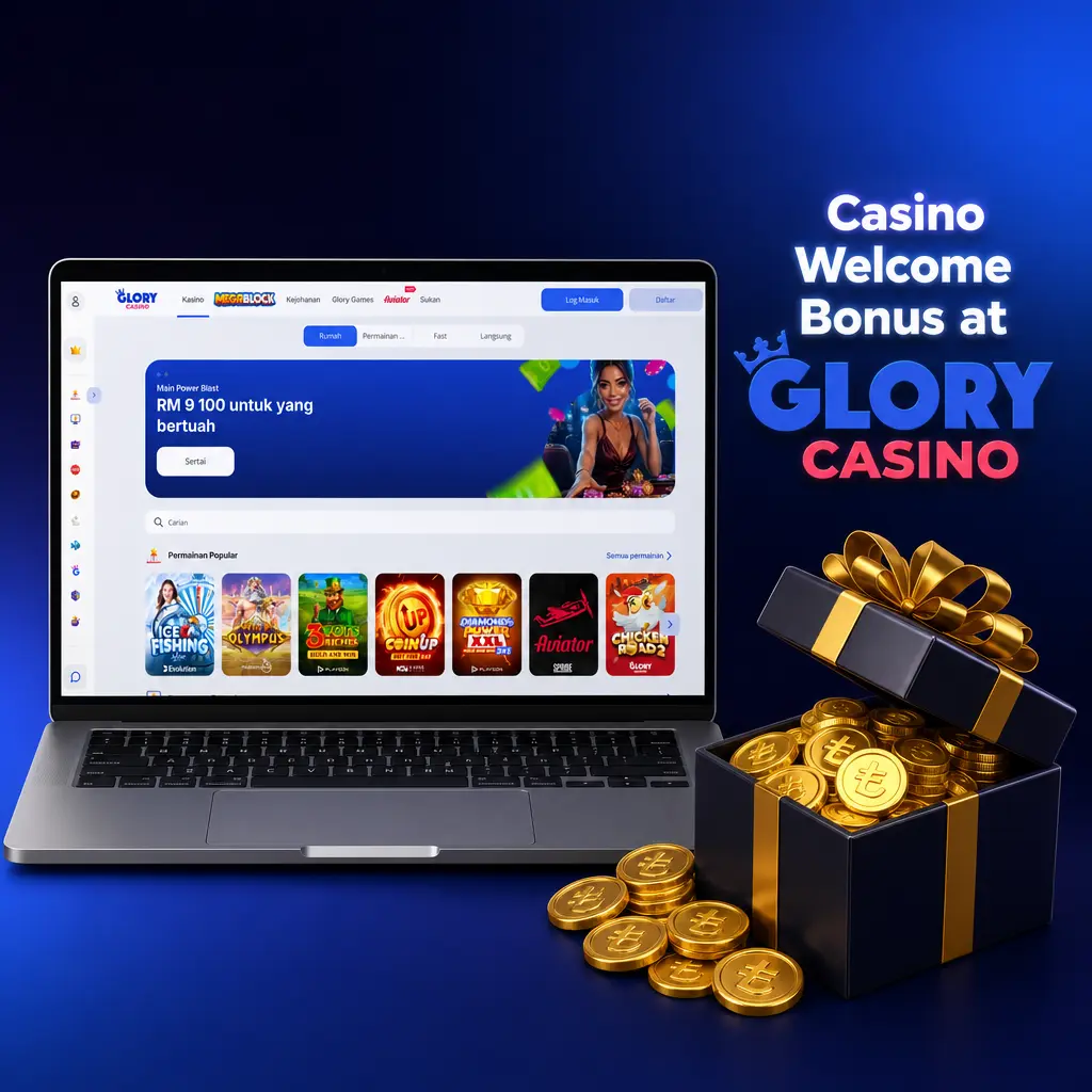 Glory Casino 100% Welcome Bonus up to RM1,300 for new players, min RM10 deposit, 35x wagering in 7 days