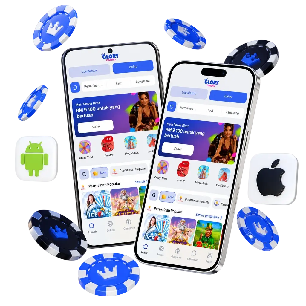 Glory Casino app download for Android APK and iOS, offering slots, live dealer games, and a 100% Welcome Bonus up to 1,300 RM