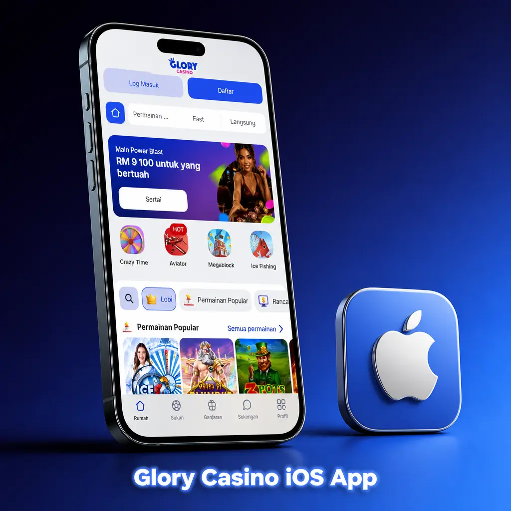 Glory Casino iOS app icon on iPhone and iPad, showing sportsbook, live casino, slots and cashier features