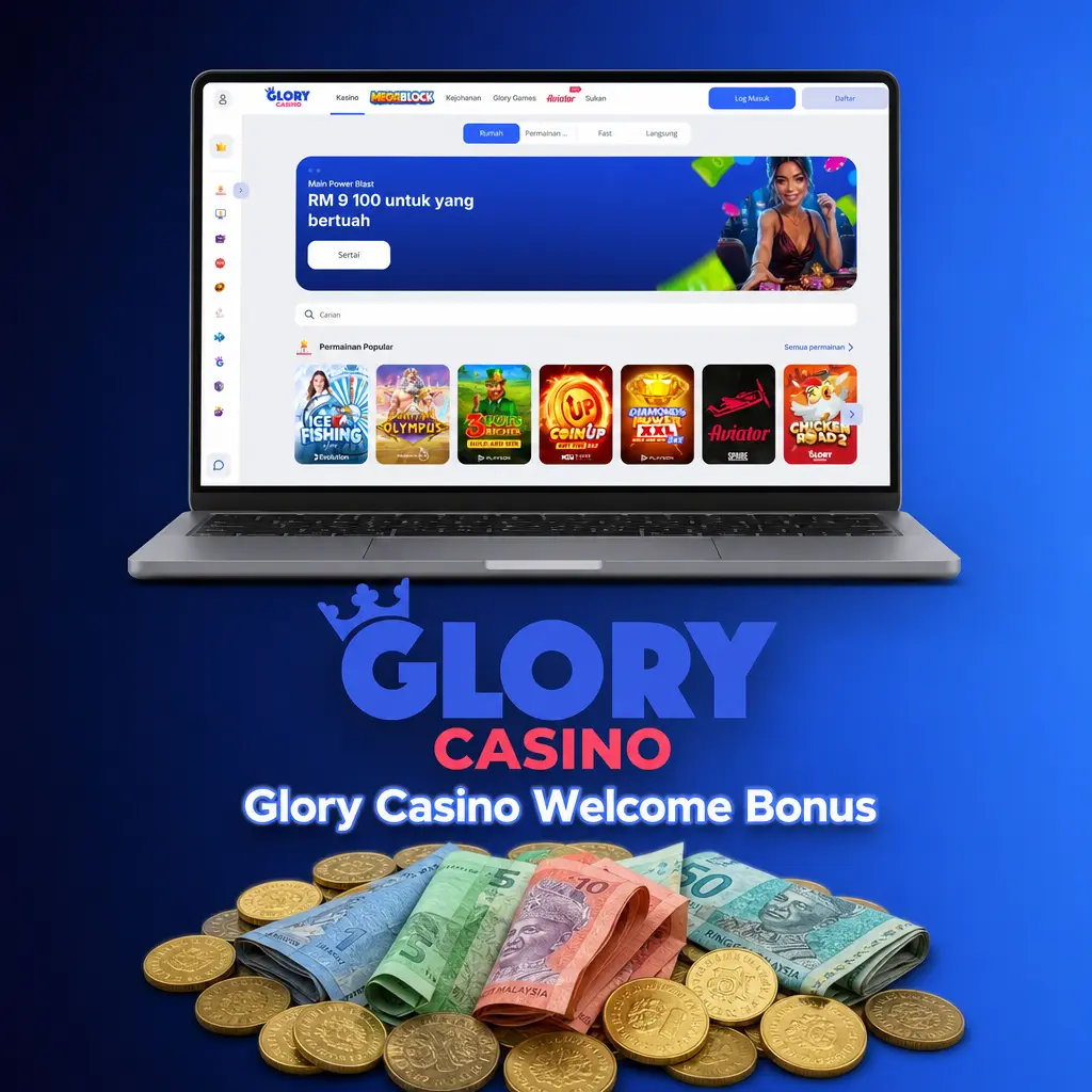 Glory Casino welcome bonus: 100% match up to 1300 RM total, split between casino and sportsbook deposit credits