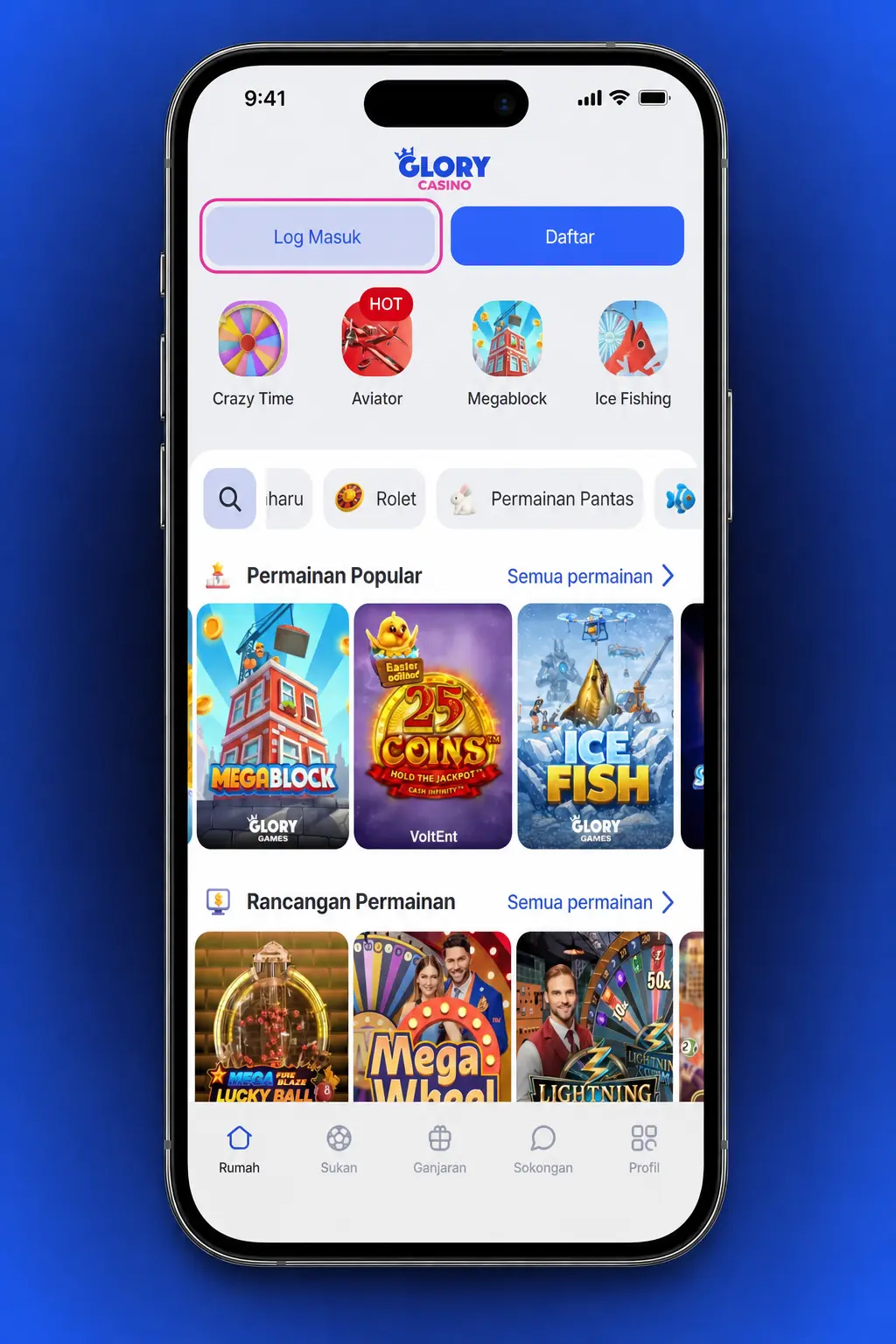 Glory Casino app login screen with email, password, and biometric access options